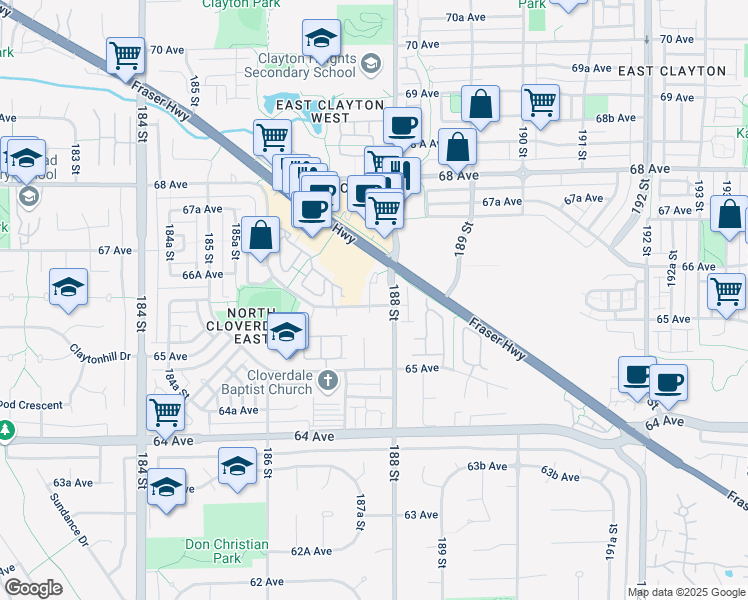 map of restaurants, bars, coffee shops, grocery stores, and more near 18759 66 Avenue in Surrey