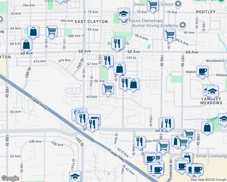 map of restaurants, bars, coffee shops, grocery stores, and more near 6533 193B Street in Surrey