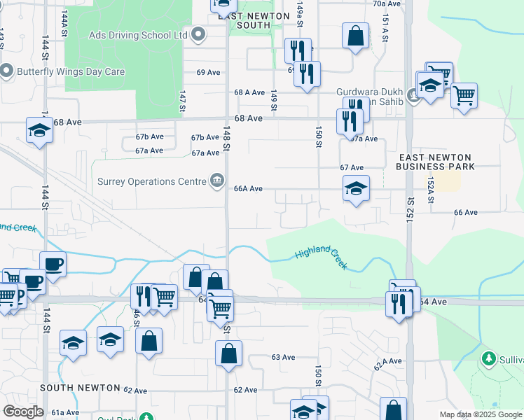 map of restaurants, bars, coffee shops, grocery stores, and more near 6588 148A Street in Surrey