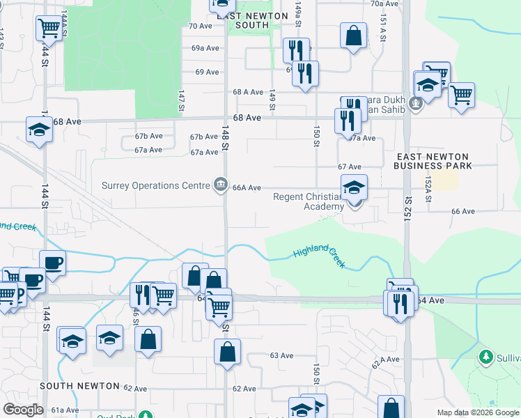 map of restaurants, bars, coffee shops, grocery stores, and more near 6588 148A Street in Surrey