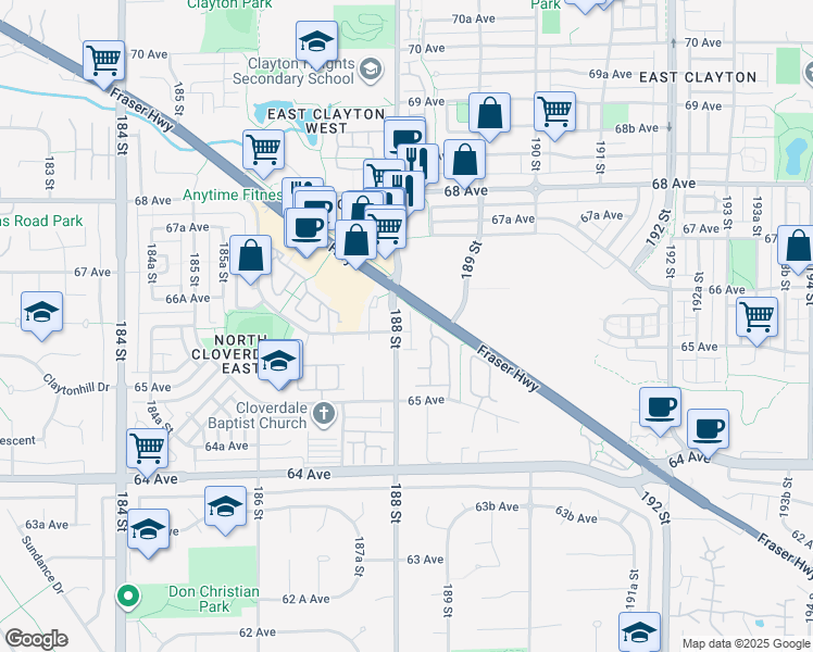 map of restaurants, bars, coffee shops, grocery stores, and more near 6588 188 Street in Surrey