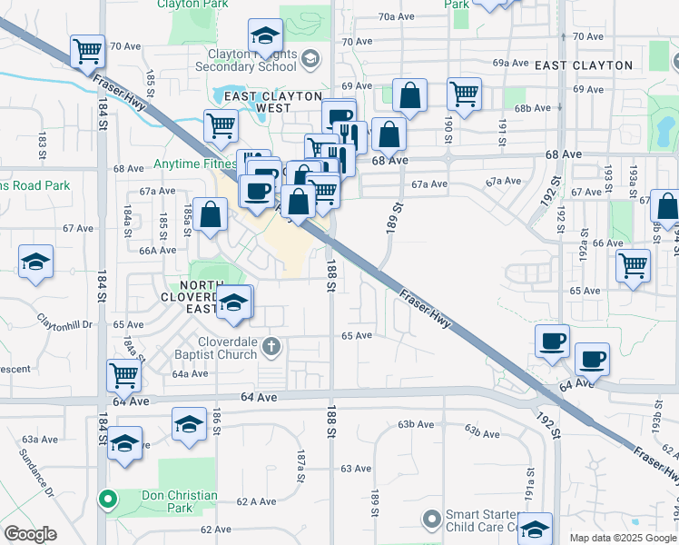 map of restaurants, bars, coffee shops, grocery stores, and more near 6588 188 Street in Surrey