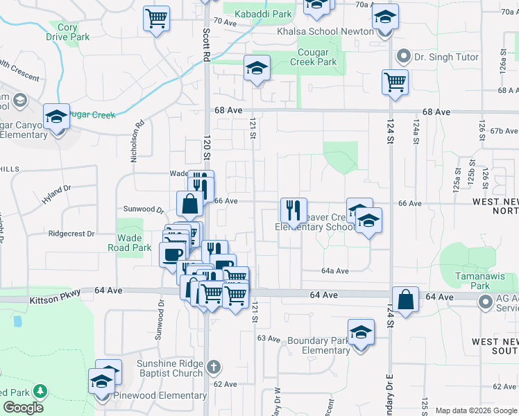 map of restaurants, bars, coffee shops, grocery stores, and more near 6478 121 Street in Surrey