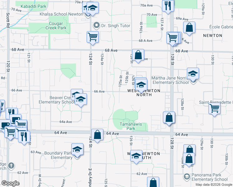 map of restaurants, bars, coffee shops, grocery stores, and more near 6593 125A Street in Surrey