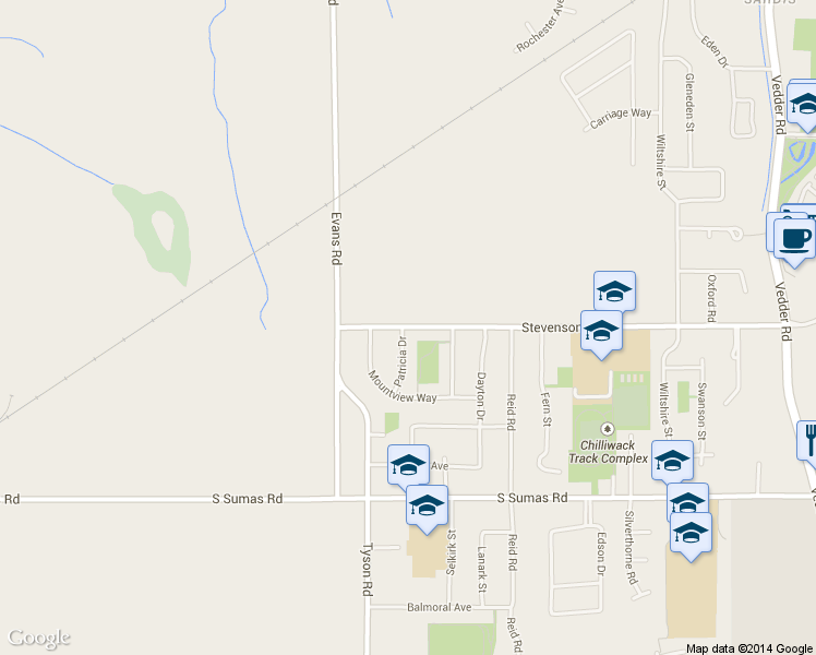 map of restaurants, bars, coffee shops, grocery stores, and more near 45178 Stevenson Road in Chilliwack