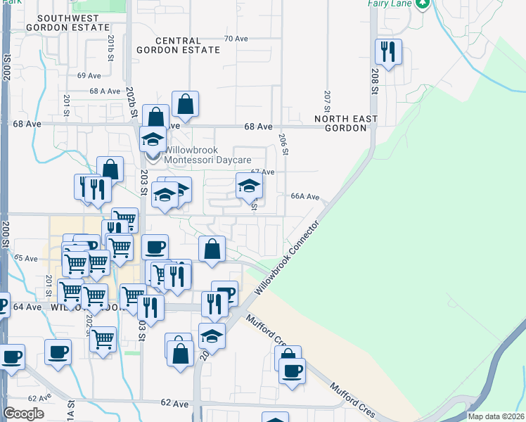 map of restaurants, bars, coffee shops, grocery stores, and more near 20526 66A Avenue in Langley