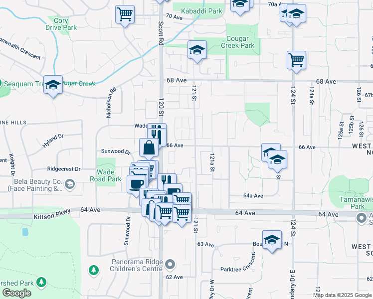 map of restaurants, bars, coffee shops, grocery stores, and more near in Surrey