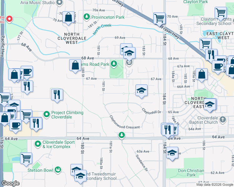 map of restaurants, bars, coffee shops, grocery stores, and more near 66 Avenue in Langley