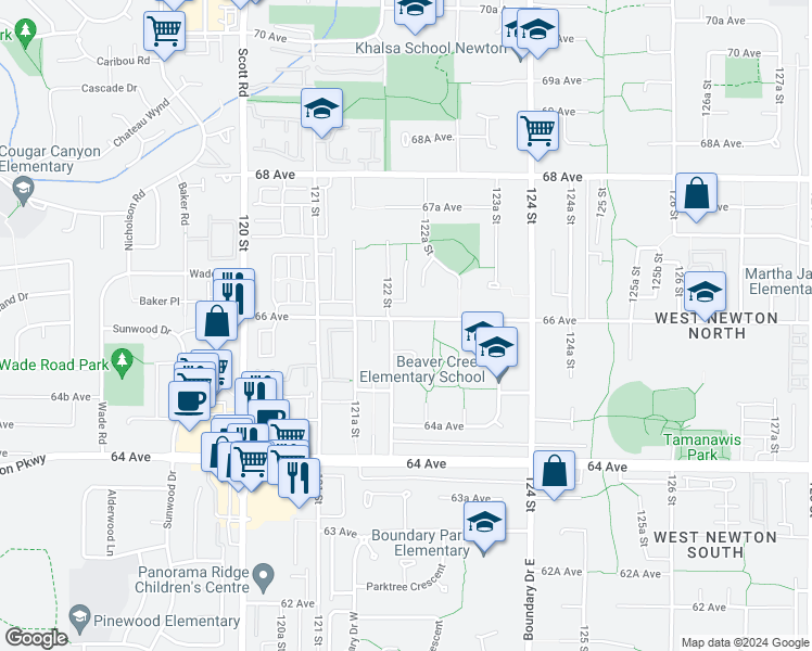 map of restaurants, bars, coffee shops, grocery stores, and more near 218 66 Avenue in Surrey