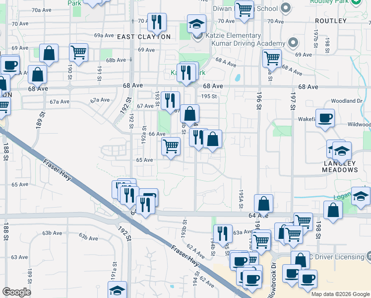 map of restaurants, bars, coffee shops, grocery stores, and more near 6568 193B Street in Surrey