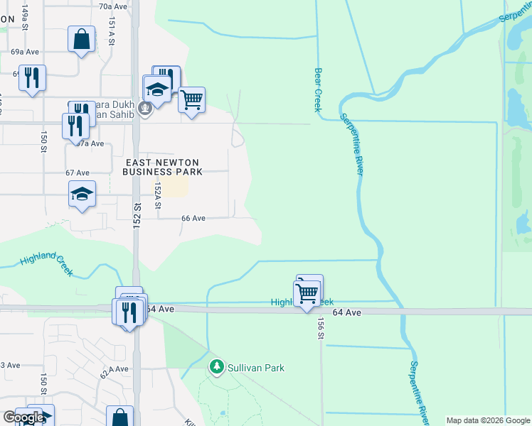map of restaurants, bars, coffee shops, grocery stores, and more near 15555 66 Avenue in Surrey