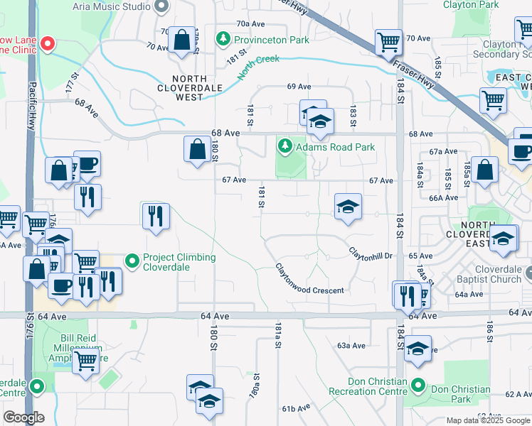 map of restaurants, bars, coffee shops, grocery stores, and more near 18067 66 Avenue in Surrey