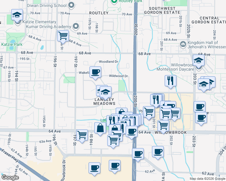 map of restaurants, bars, coffee shops, grocery stores, and more near 2263 Willoughby Way in Langley