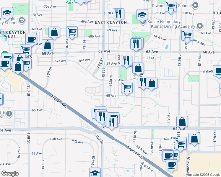 map of restaurants, bars, coffee shops, grocery stores, and more near 6544 192A Street in Surrey