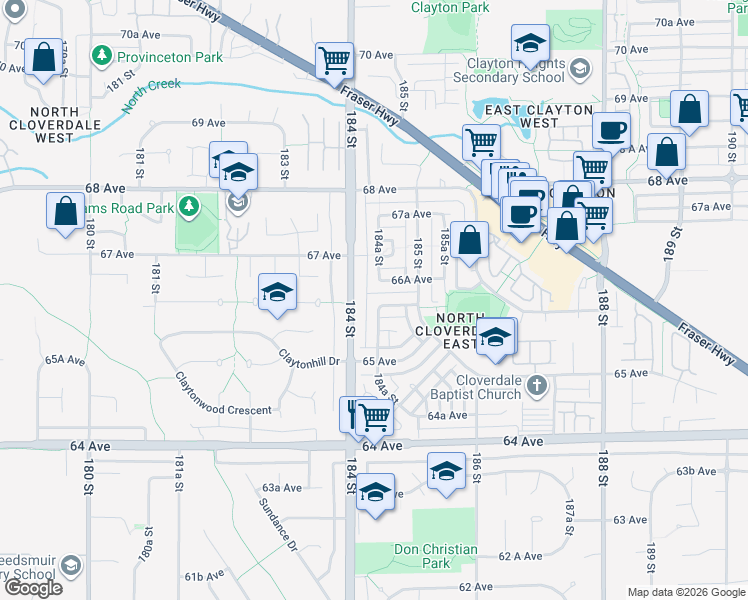 map of restaurants, bars, coffee shops, grocery stores, and more near 18451 66 Avenue in Surrey