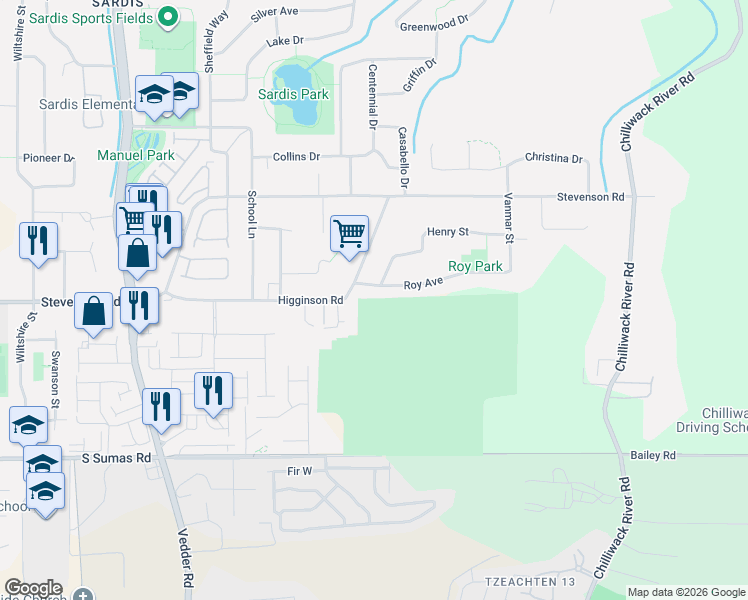 map of restaurants, bars, coffee shops, grocery stores, and more near 46070 Roy Avenue in Chilliwack