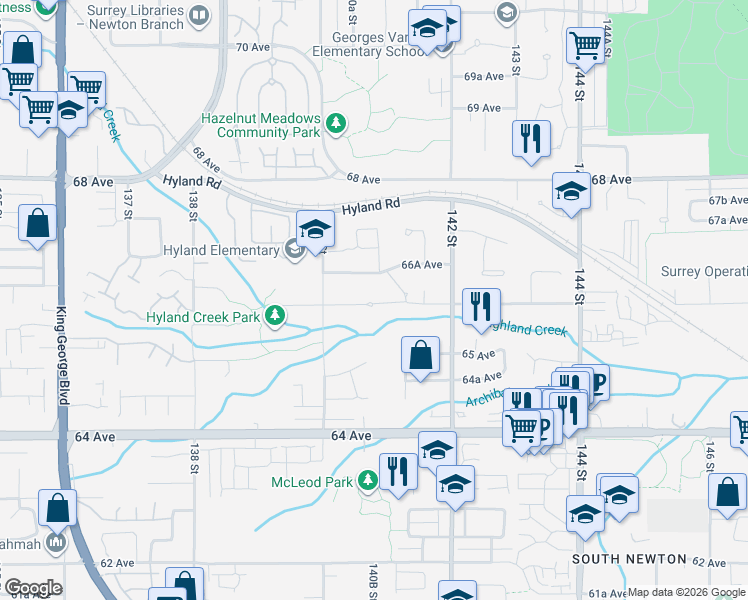 map of restaurants, bars, coffee shops, grocery stores, and more near 14083 66 Avenue in Surrey