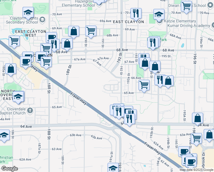 map of restaurants, bars, coffee shops, grocery stores, and more near 58 192 Street in Surrey