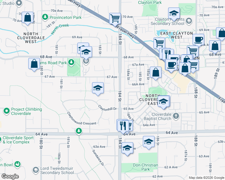 map of restaurants, bars, coffee shops, grocery stores, and more near 18377 66 Avenue in Surrey