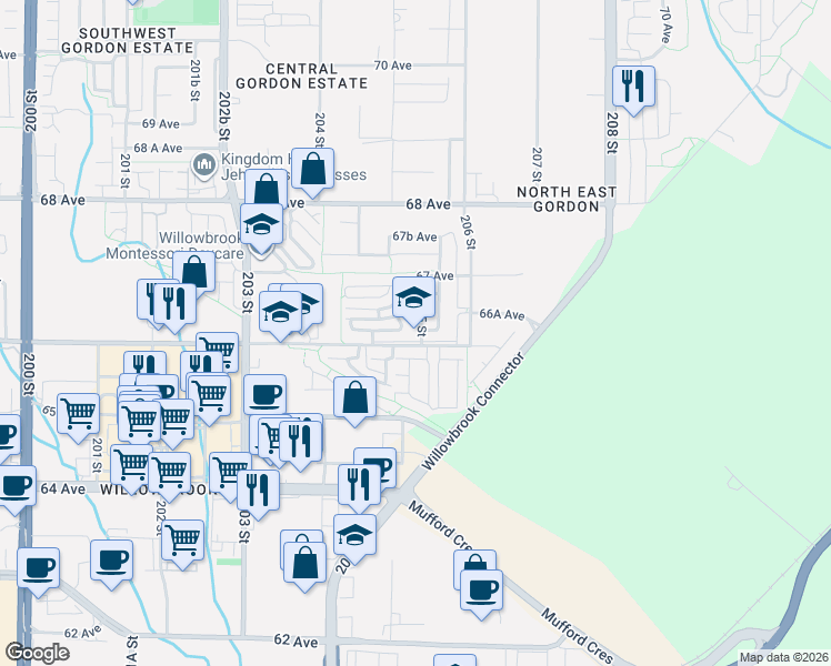 map of restaurants, bars, coffee shops, grocery stores, and more near 6615 205 Street in Langley