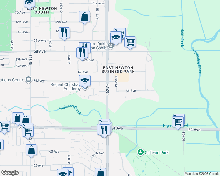 map of restaurants, bars, coffee shops, grocery stores, and more near 6610 152 Street in Surrey
