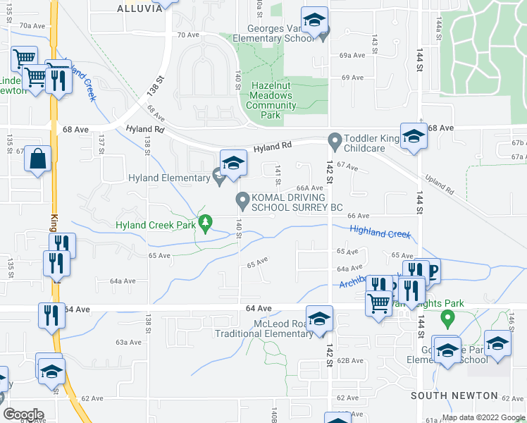 map of restaurants, bars, coffee shops, grocery stores, and more near 14057 66 Avenue in Surrey