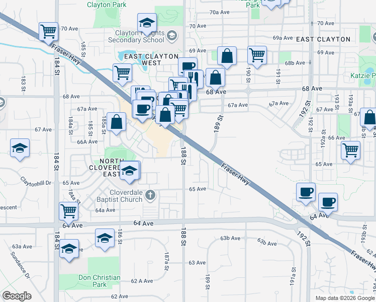 map of restaurants, bars, coffee shops, grocery stores, and more near 6588 188 Street in Surrey