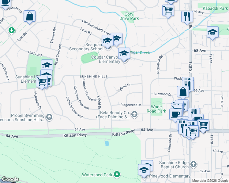 map of restaurants, bars, coffee shops, grocery stores, and more near 6601 Hyland Place in Delta