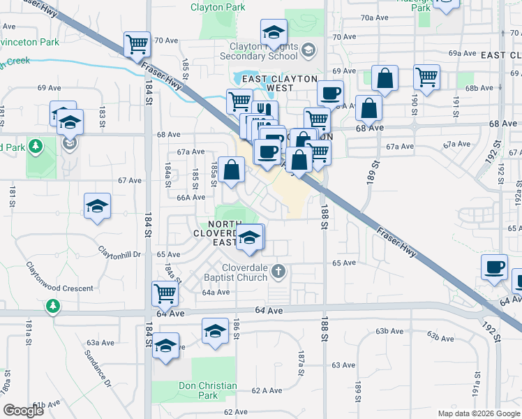 map of restaurants, bars, coffee shops, grocery stores, and more near 18701 66 Avenue in Surrey