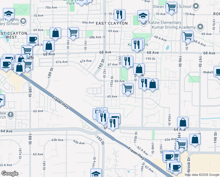 map of restaurants, bars, coffee shops, grocery stores, and more near in Surrey