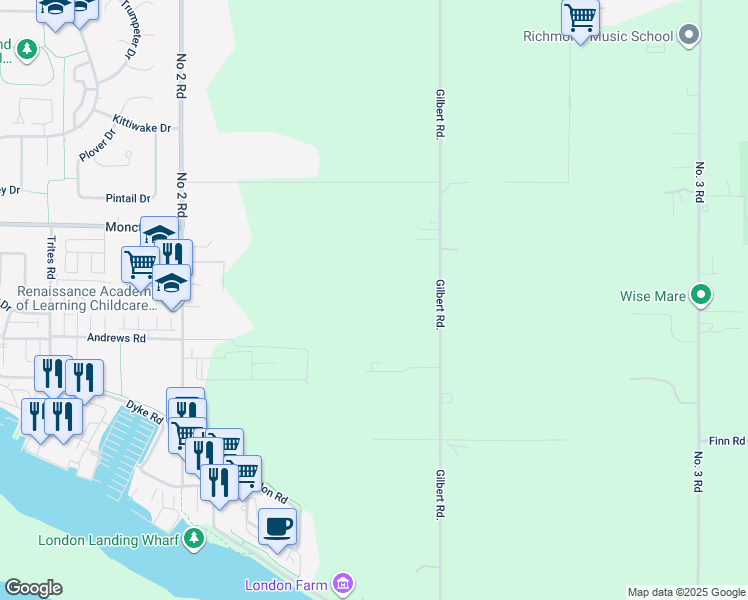 map of restaurants, bars, coffee shops, grocery stores, and more near 12351 Gilbert Road in Richmond