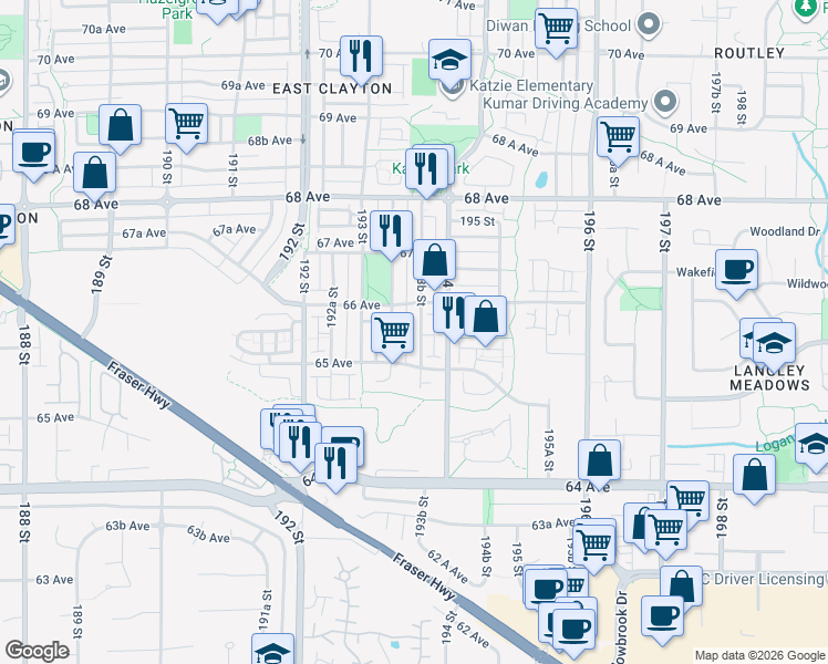 map of restaurants, bars, coffee shops, grocery stores, and more near 6551 193B Street in Surrey