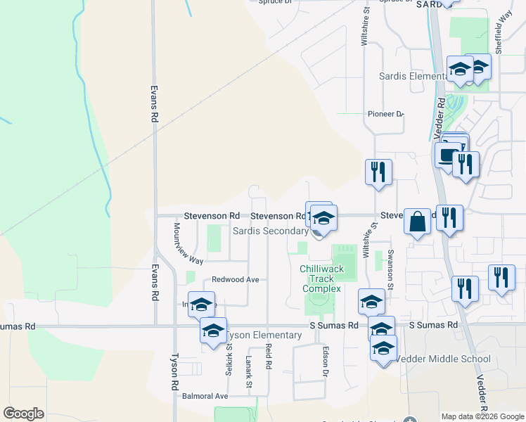 map of restaurants, bars, coffee shops, grocery stores, and more near 45295 Stevenson Road in Chilliwack