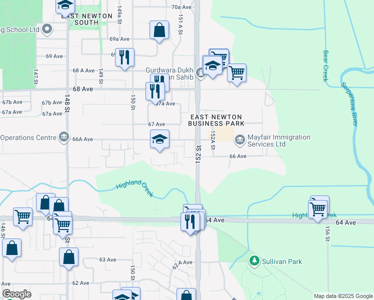 map of restaurants, bars, coffee shops, grocery stores, and more near 15168 66A Avenue in Surrey