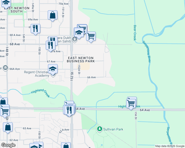 map of restaurants, bars, coffee shops, grocery stores, and more near 15315 66 Avenue in Surrey