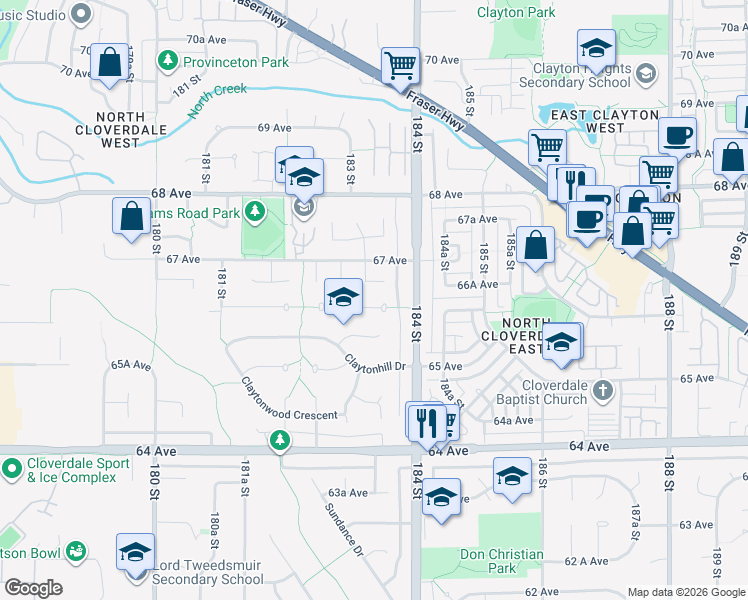 map of restaurants, bars, coffee shops, grocery stores, and more near 18345 66 Avenue in Surrey