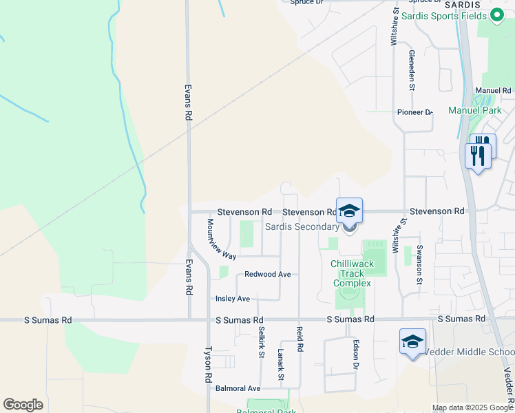 map of restaurants, bars, coffee shops, grocery stores, and more near 45191 Stevenson Road in Chilliwack