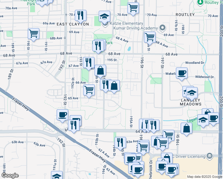 map of restaurants, bars, coffee shops, grocery stores, and more near 19480 66 Avenue in Surrey