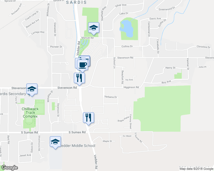 map of restaurants, bars, coffee shops, grocery stores, and more near 45823 Higginson Road in Chilliwack
