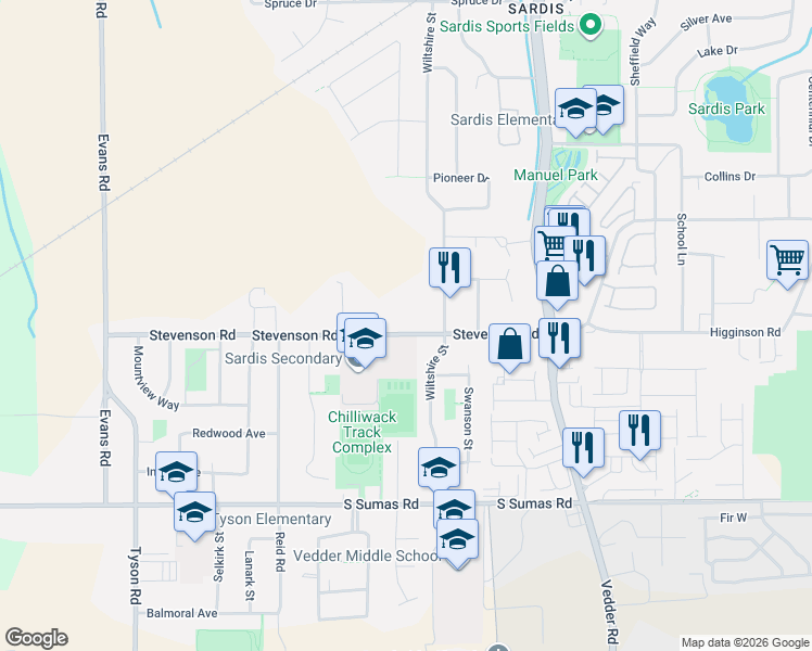 map of restaurants, bars, coffee shops, grocery stores, and more near 45495 Stevenson Road in Chilliwack