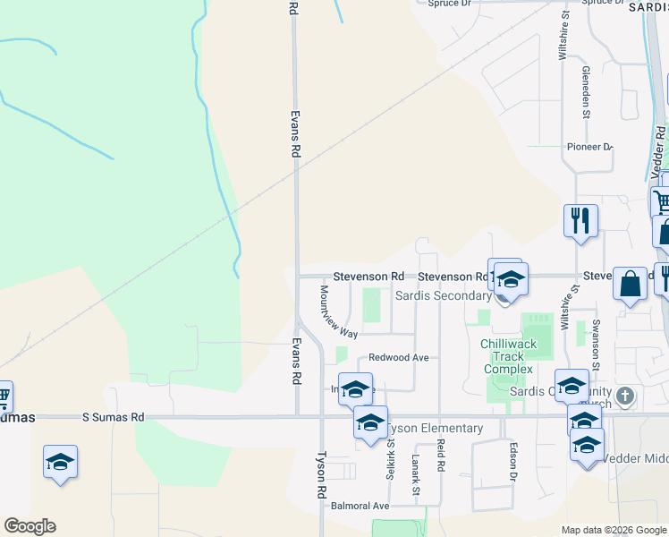 map of restaurants, bars, coffee shops, grocery stores, and more near 45127 Stevenson Road in Chilliwack