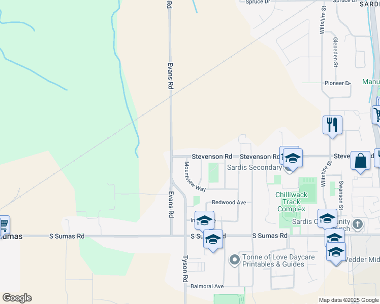 map of restaurants, bars, coffee shops, grocery stores, and more near 45127 Stevenson Road in Chilliwack