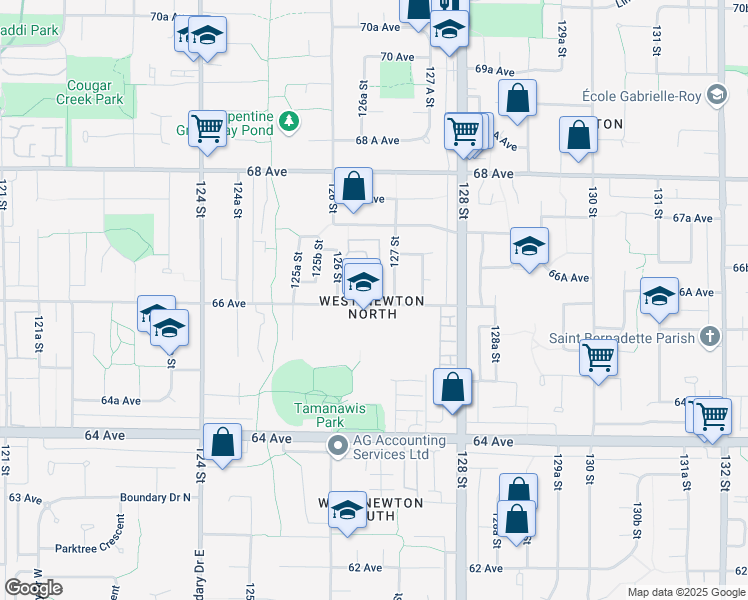 map of restaurants, bars, coffee shops, grocery stores, and more near 6631 127 Street in Surrey