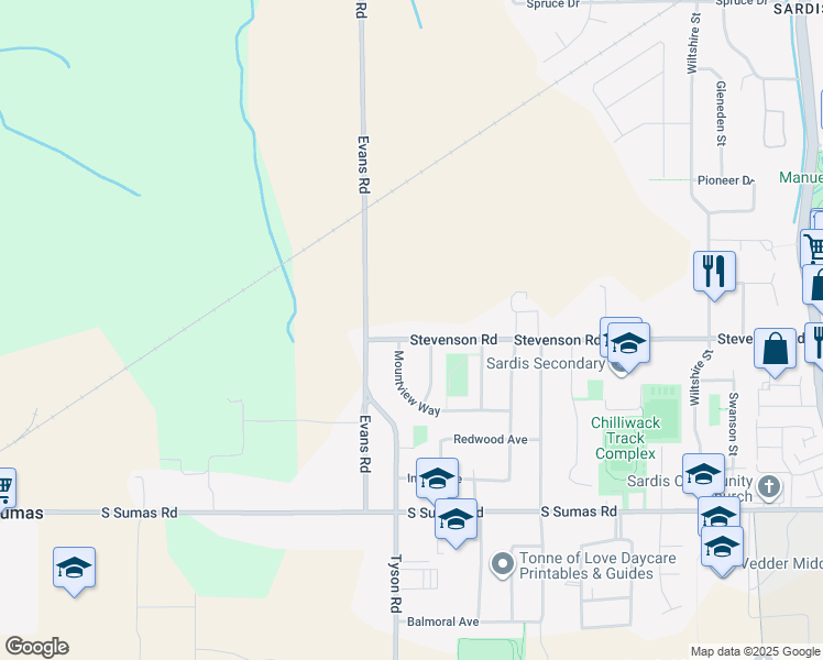 map of restaurants, bars, coffee shops, grocery stores, and more near 45127 Stevenson Road in Chilliwack