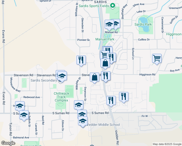 map of restaurants, bars, coffee shops, grocery stores, and more near 45617 Stevenson Road in Chilliwack