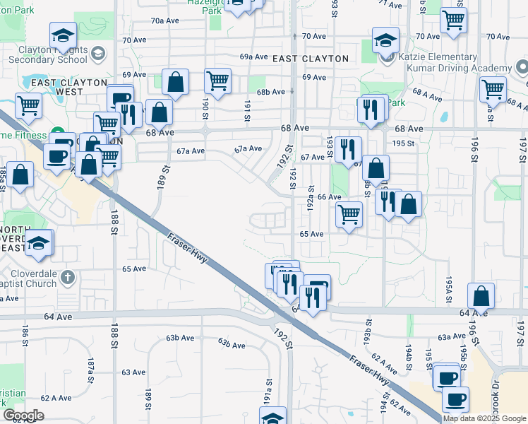 map of restaurants, bars, coffee shops, grocery stores, and more near 6575 192 Street in Surrey