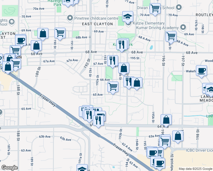 map of restaurants, bars, coffee shops, grocery stores, and more near 6566 193 Street in Surrey