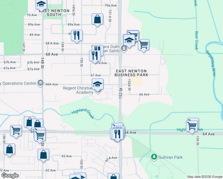 map of restaurants, bars, coffee shops, grocery stores, and more near 15168 66A Avenue in Surrey