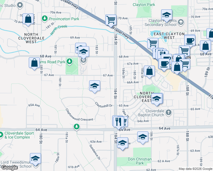 map of restaurants, bars, coffee shops, grocery stores, and more near 18361 66 Avenue in Surrey