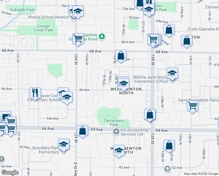 map of restaurants, bars, coffee shops, grocery stores, and more near in Surrey